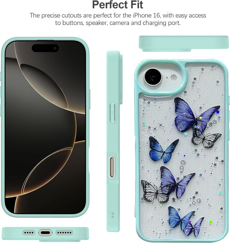 VONZEE Clear Glitter Butterfly Case for iPhone 16e/17e Cover | Cute Bling Sparkle Transparent Soft TPU Bumper | Shockproof Slim Protective Back Cover for Girls & Women (Mint Green) - Image 2