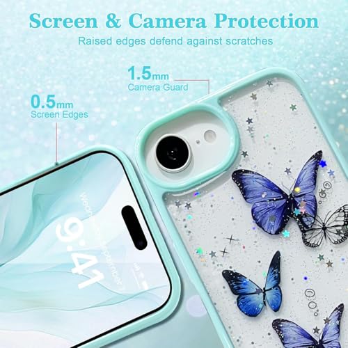 VONZEE Clear Glitter Butterfly Case for iPhone 16e/17e Cover | Cute Bling Sparkle Transparent Soft TPU Bumper | Shockproof Slim Protective Back Cover for Girls & Women (Mint Green) - Image 5