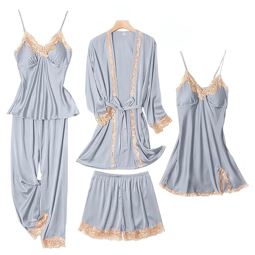 SAPJON Womens Pajama Sets 5PCS Silk Pajamas for women Cute Sleepwear Loungewear Satin Pajamas Sets for Women Soft Grey - Image 1