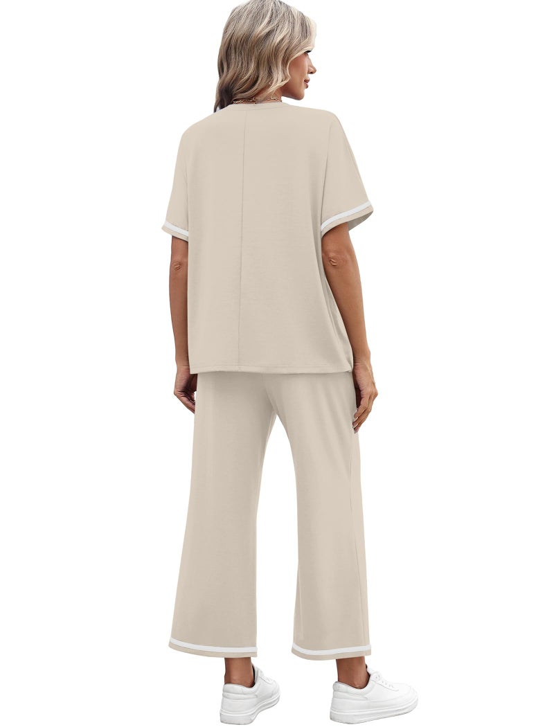 Sampeel Two Piece Sets for Women Beach Vacation Clothes Lounge Set Date Outfits Matching Sets Women Clothing Business Casual Travel Outfits Wide Leg Crop Pants Crewneck Tops Beige S - Image 5