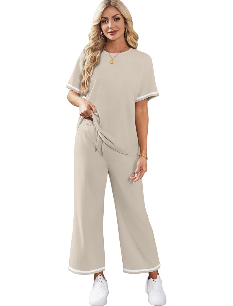 Sampeel Two Piece Sets for Women Beach Vacation Clothes Lounge Set Date Outfits Matching Sets Women Clothing Business Casual Travel Outfits Wide Leg Crop Pants Crewneck Tops Beige S - Image 4