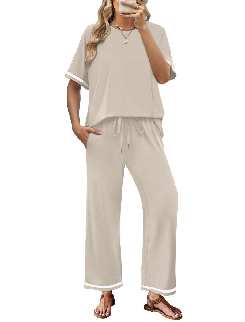 Sampeel Two Piece Sets for Women Beach Vacation Clothes Lounge Set Date Outfits Matching Sets Women Clothing Business Casual Travel Outfits Wide Leg Crop Pants Crewneck Tops Beige S - Image 1