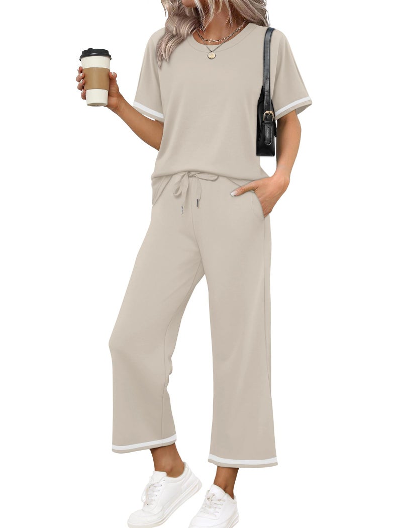 Sampeel Two Piece Sets for Women Beach Vacation Clothes Lounge Set Date Outfits Matching Sets Women Clothing Business Casual Travel Outfits Wide Leg Crop Pants Crewneck Tops Beige S - Image 2