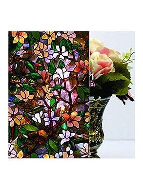 ELTON ELTON Vinyl 3D Window Self Adhesive Decorative Heat Control Anti UV Privacy Film Green Flower 16X96Inches 