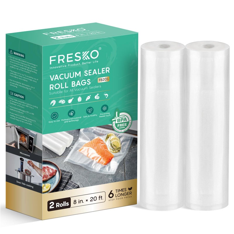 FRESKO 8"x20' Vacuum Sealer Bags for Food, 2 Rolls Customized Size Storage Bags with BPA Free, Heavy Duty Food Bags for Meal Prep and Sous Vide Cooking - Image 1