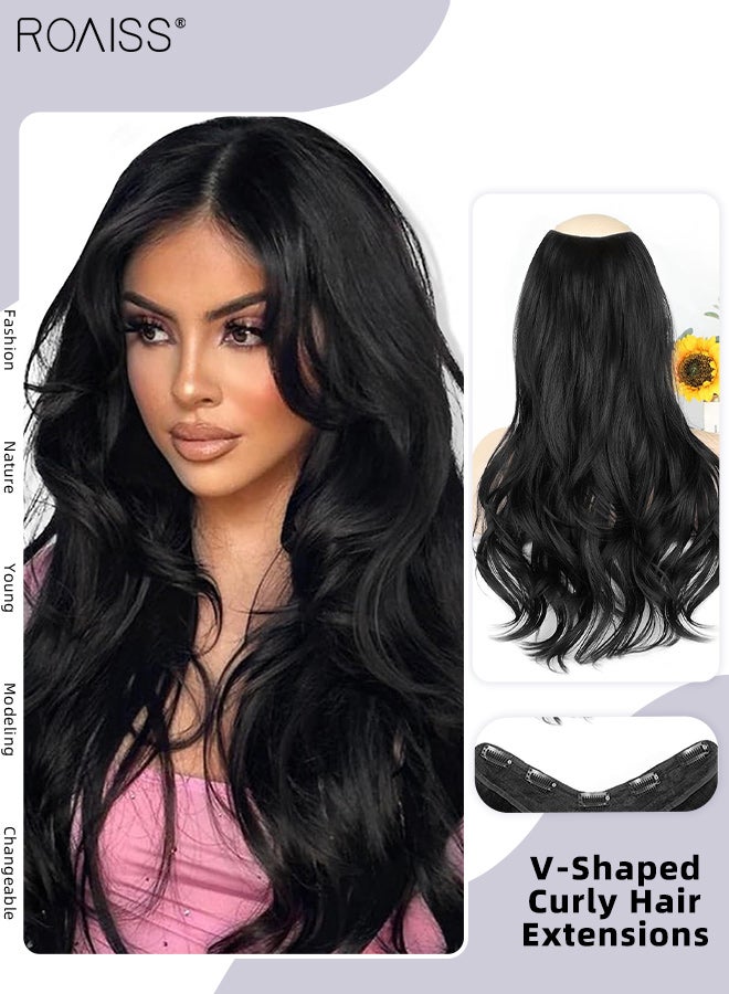 رويس وصلة شعر مجعدة غير مرئية على شكل حرف V، قطعة واحدة من شعر مستعار مع 5 مشابك، قطعة شعر صناعية ناعمة مقاومة للحرارة للنساء، لون أسود طبيعي، 50 سم (19.7 بوصة) - Image 1