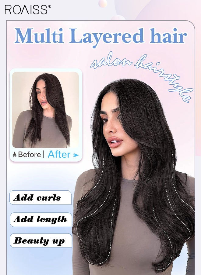 رويس وصلة شعر مجعدة غير مرئية على شكل حرف V، قطعة واحدة من شعر مستعار مع 5 مشابك، قطعة شعر صناعية ناعمة مقاومة للحرارة للنساء، لون أسود طبيعي، 50 سم (19.7 بوصة) - Image 2