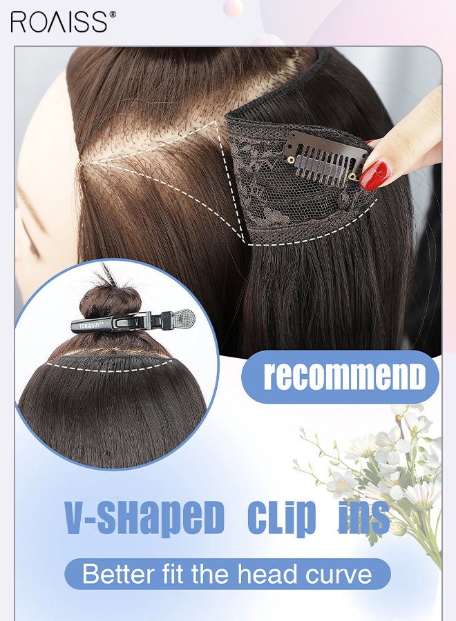 رويس وصلة شعر مجعدة غير مرئية على شكل حرف V، قطعة واحدة من شعر مستعار مع 5 مشابك، قطعة شعر صناعية ناعمة مقاومة للحرارة للنساء، لون أسود طبيعي، 50 سم (19.7 بوصة) - Image 5