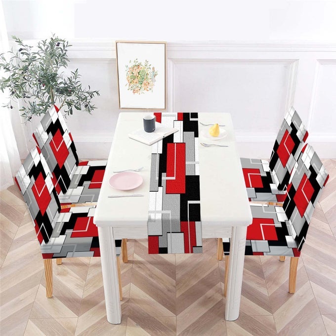 Geometric Red Chair Covers Set of 4 and Table RunnerStretch Red Chair Slipcovers for KitchenWashable Removable Chair Protector Modern Chair Covers for Dining Room