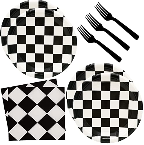HSPAIDYP 60Pcs Black and White Checkered Race Car Party SuppliesRacing Themed Tableware Set 7Racing Dessert Paper Plates and NapkinsFork for Kids Car Sports Race car Themed Birthday Party Decor Car Set - Image 1