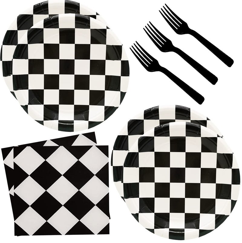 HSPAIDYP 60Pcs Black and White Checkered Race Car Party SuppliesRacing Themed Tableware Set 7Racing Dessert Paper Plates and NapkinsFork for Kids Car Sports Race car Themed Birthday Party Decor Car Set - Image 2
