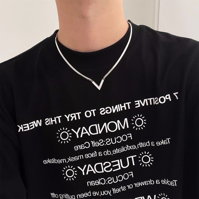 Elegant European and American Internet celebrity titanium steel V-shaped necklace Womens Light luxury high-grade flat snake bone chain clavicle chain non-fading accessories Silver-white v letter necklace