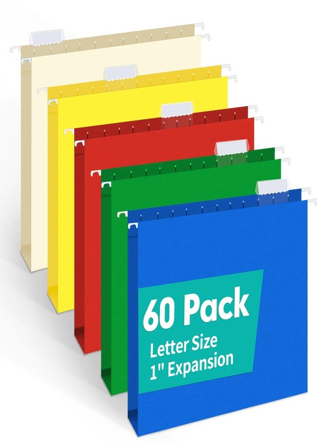 HERKKA Extra Capacity Hanging File Folders, 60 Pack Reinforced Letter Size Hanging Folders with Heavy Duty 1 Inch Expansion, Designed for Bulky Files, Medical Charts, Adjustable Tabs, Assorted Colors - Image 1