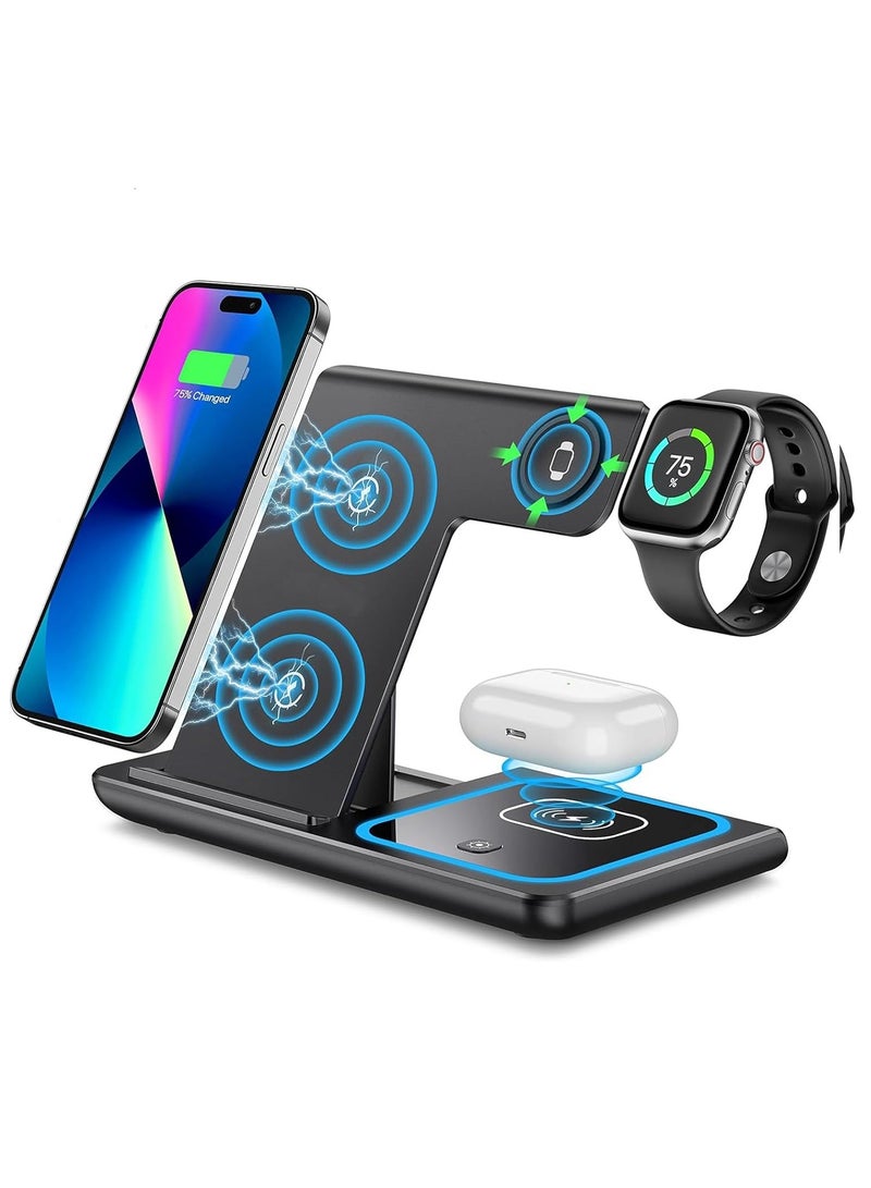 GUDOO Wireless Charger 3 in 1 Wireless Charging Station Fast Wireless Charger Stand for Phone Charger 15 14 13 12 11 Pro Max XR XS 8 Plus Watch 8 7 6 5 4 3 2 SE for iPhone AirPods Pro 3 2 Black - Image 1