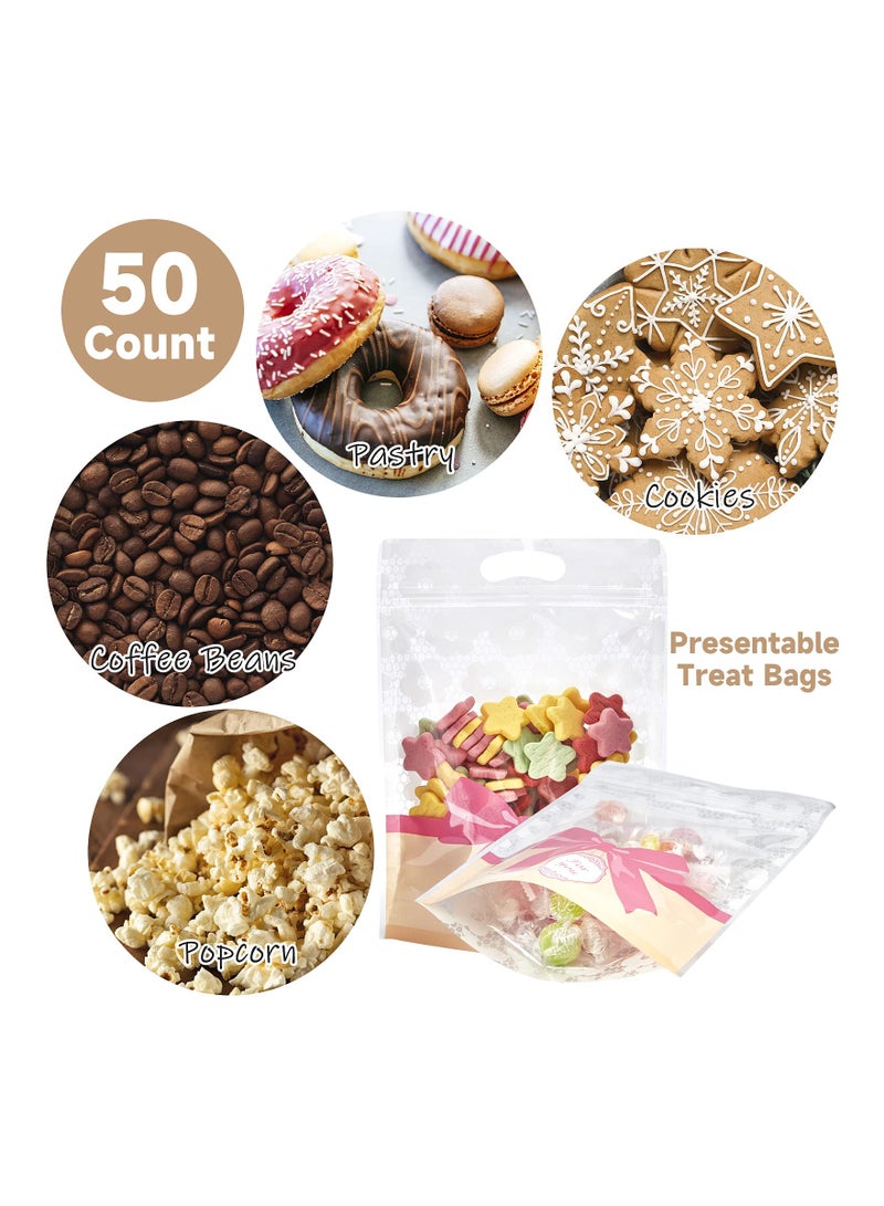 Zikra 50 Pack Clear Treat Bags, Resealable Ziplock Bags Plastic Bakery Packaging Window Airtight Bags Candy Presentation Bag Stand Up Party Favor Bags for Cookies, Candies, Snack, 6 x 8 Inches (PINK) - Image 2