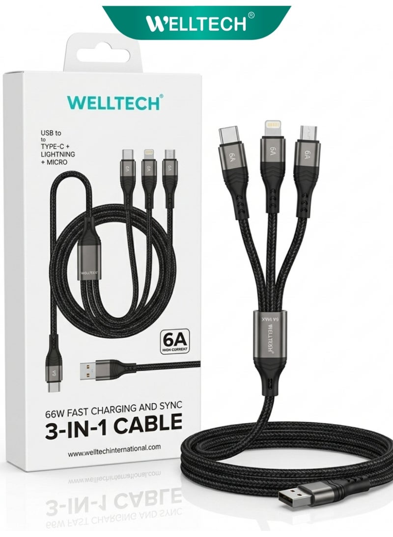 WELLTECH 3 in 1 Fast Charging Cable USB Multi Charging Cable Type-C Micro USB Lightning Cable for iPhone Android Universal Charger Cable WELLTECH DCW520 - Image 3