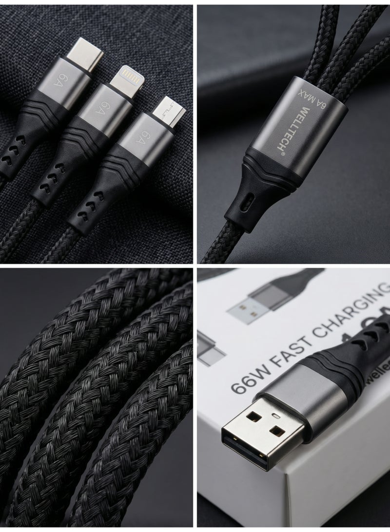 WELLTECH 3 in 1 Fast Charging Cable USB Multi Charging Cable Type-C Micro USB Lightning Cable for iPhone Android Universal Charger Cable WELLTECH DCW520 - Image 4