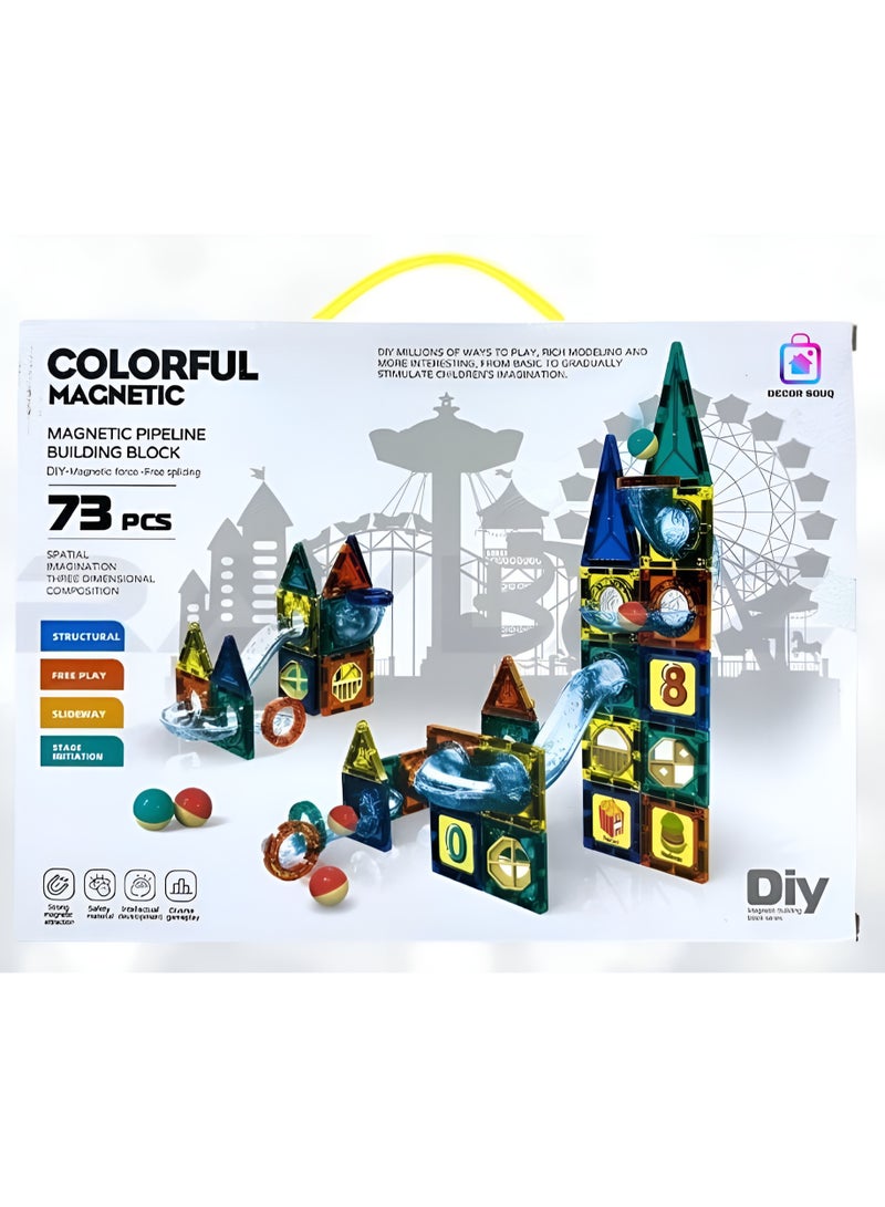 Toys R Us 73 Pcs Magnetic Pipeline Building Block Set – DIY STEM Toy for Kids –  Magnetic Marble Run Track with Free Splicing – 3D Construction Blocks for Creativity & Imagination – Montessori Learning Toy for Boys & Girls - Image 1