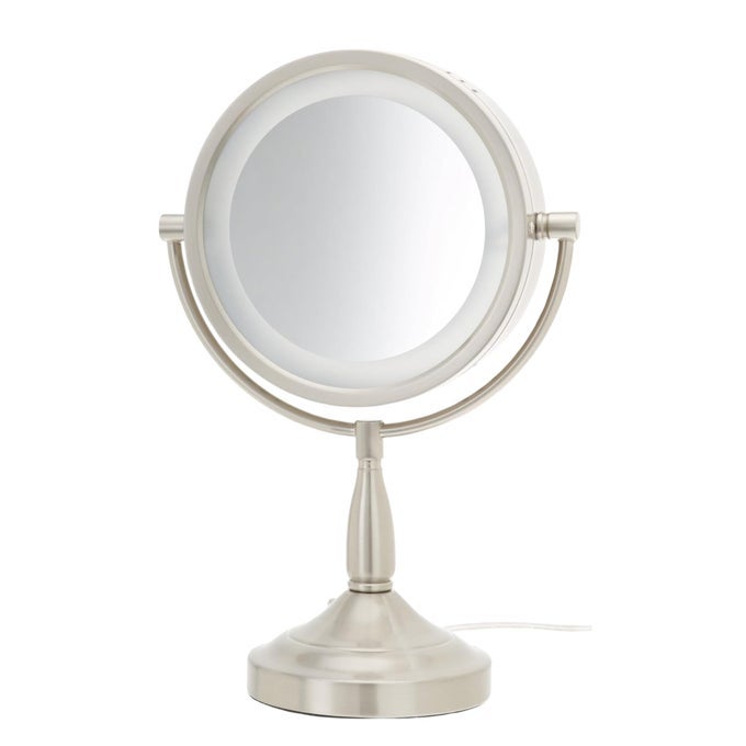 LED LIGHTED TABLETOP VANITY MAKEUP MIRROR 85 DIAMETER WITH 7X1X MAGNIFICATION NICKEL FINISH POWER CORD AND PLUG MODEL LT856N