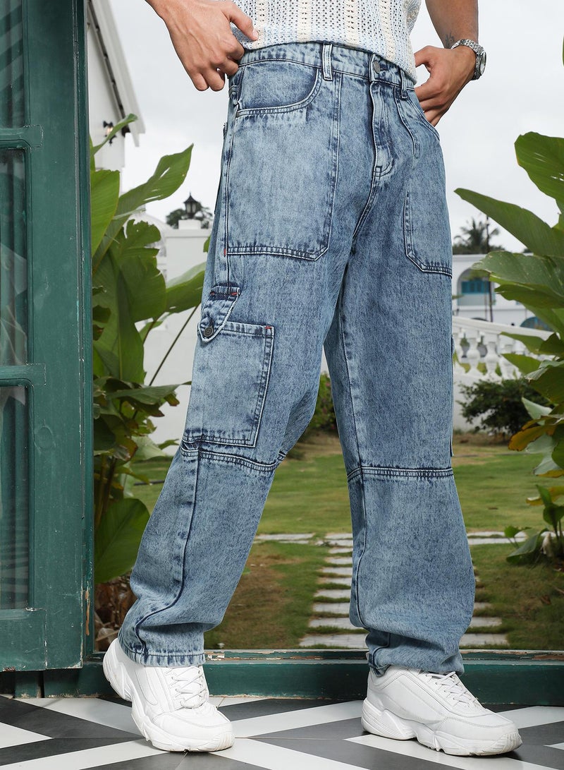 Campus Sutra Men's Navy Blue Utility-Carpenter Denim Jeans | Mid-Rise , Straight Hem , Button Closure , Cargo-Fit | Solid Denim | Cotton Jeans For Casual Wear - Image 3