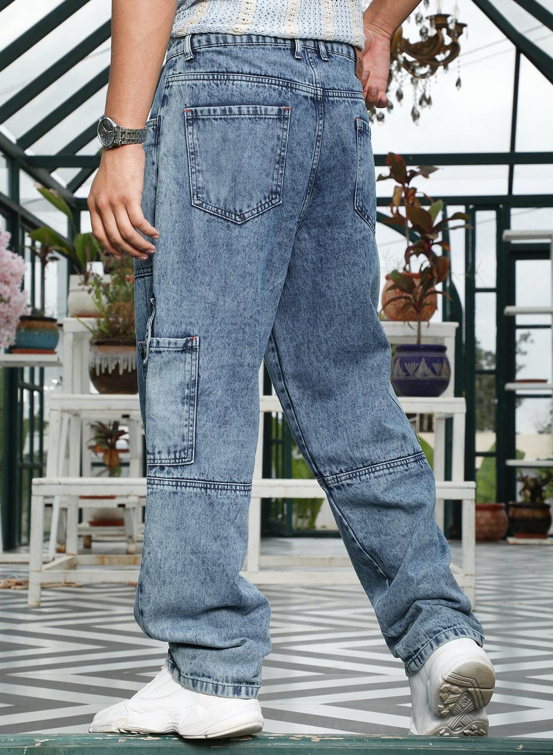 Campus Sutra Men's Navy Blue Utility-Carpenter Denim Jeans | Mid-Rise , Straight Hem , Button Closure , Cargo-Fit | Solid Denim | Cotton Jeans For Casual Wear - Image 5