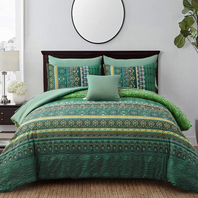 Cottolester Boho Green Comforter Set Queen Size,8 Piece Bed in a Bag Bohemian Striped Bedding Quilt Set,Dark green Paisley Floral Comforter and Sheet Set,Soft Microfiber Complete Bedding Sets for All Season - Image 1