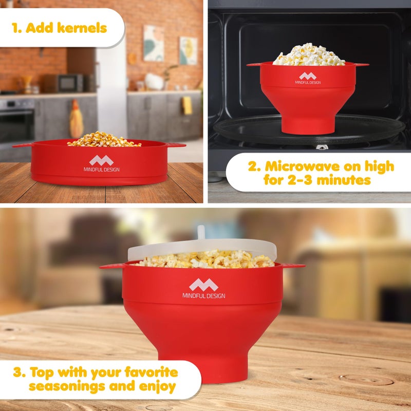 Mindful Design The Original Mindful Design Collapsible Microwave Popcorn Popper - Silicone Bowl, BPA-Free & Dishwasher Safe (Red) - Image 3