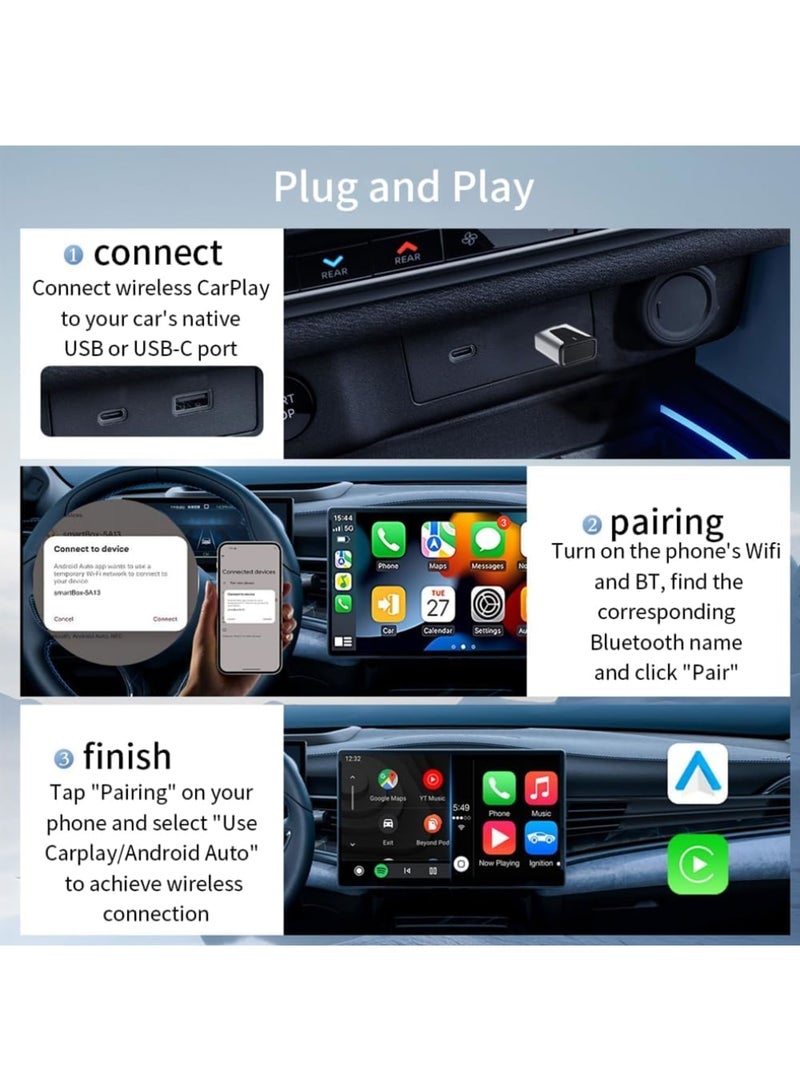 Barakah Wireless CarPlay Adapter – Compatible with USB-A & USB-C,for iPhone & Android – 2-in-1 CarPlay & Android Auto,Plug-and-Play,Converts Wired to Wireless,Fast Auto-Connect,Low Latency,Works with All Car - Image 3