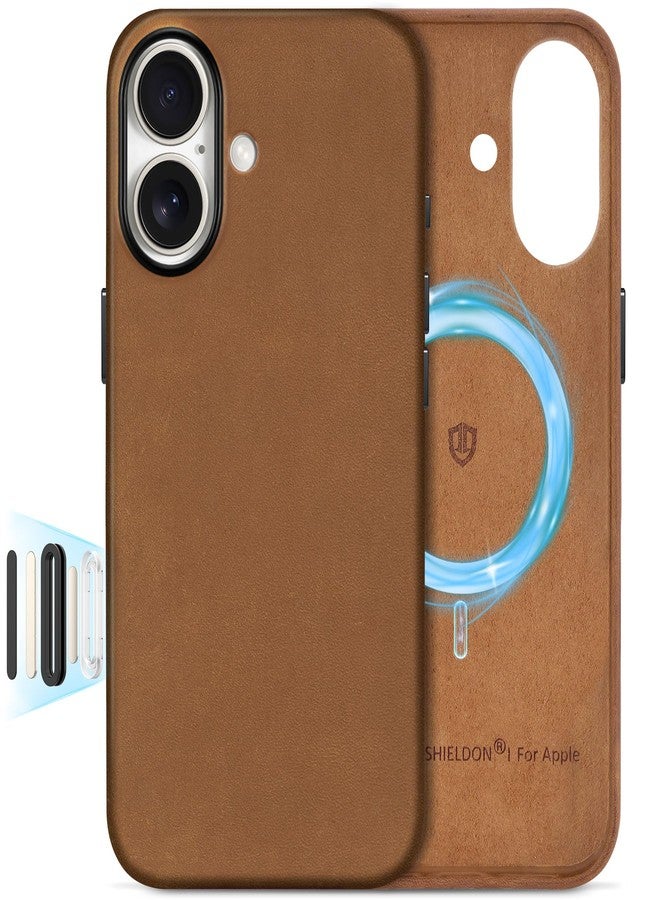 SHIELDON Case for iPhone 17 6.3-inch, Crazy Horse Leather, Magnetic Wireless Charging, Slim Fit, Non-Slip, Anti-Scratch, Metal Buttons, Shockproof Phone Cover - Brown - Image 1