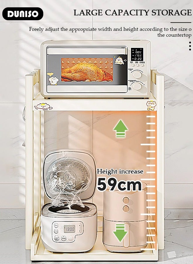 DUNISO 2-Tier Pull Out Microwave Oven Rack,Expandable Horizontal Extension Microwave Shelf with 6 Hooks,Microwave Stand Countertop Height Adjustable,Freestanding Kitchen Storage Rack, for Living Room Office Bedroom - Image 5