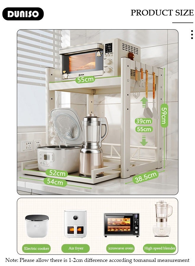 DUNISO 2-Tier Pull Out Microwave Oven Rack,Expandable Horizontal Extension Microwave Shelf with 6 Hooks,Microwave Stand Countertop Height Adjustable,Freestanding Kitchen Storage Rack, for Living Room Office Bedroom - Image 4