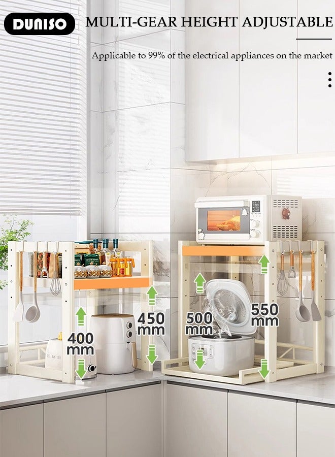 DUNISO 2-Tier Pull Out Microwave Oven Rack,Expandable Horizontal Extension Microwave Shelf with 6 Hooks,Microwave Stand Countertop Height Adjustable,Freestanding Kitchen Storage Rack, for Living Room Office Bedroom - Image 3