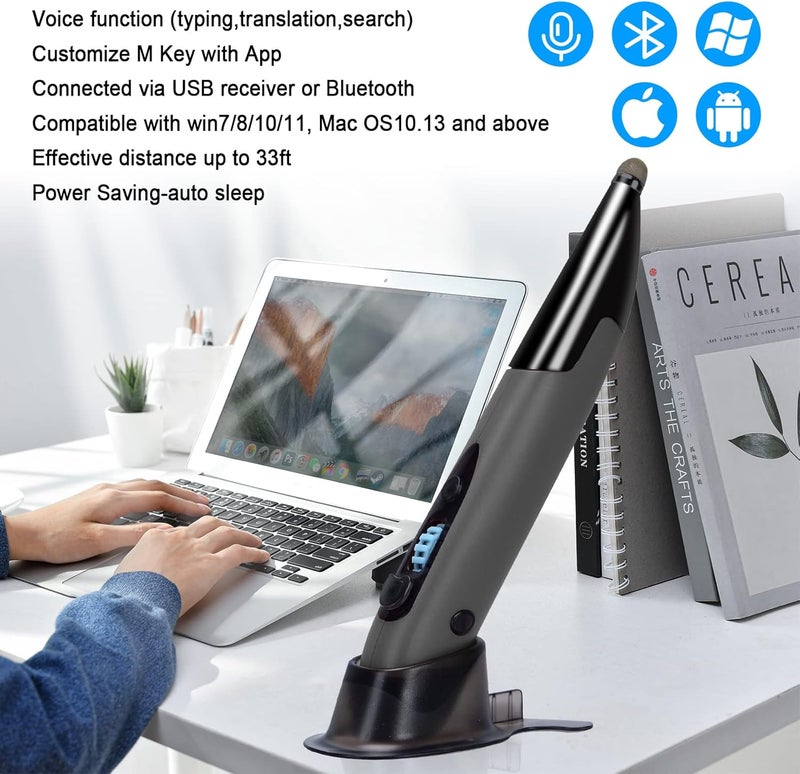 lychee Wireless Optical Pocket Pen Mouse, 2.4GHZ USB Wireless Optical Pen Mouse Handwriting Mini Air Mouse Mice for PC Laptop Notebook Computer Mac (Voice&Bluetooth, Grey1) - Image 2