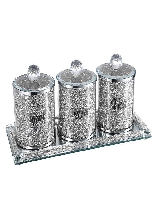 JUXYES Set of 4 Sparky Glass Crushed Diamonds Canisters Set for Sugar Coffee Tea Features Tray, Luxurious Storage Containers Sets with Lids Decorative Storage Pots for Kitchen Counter Dining Room - Image 1