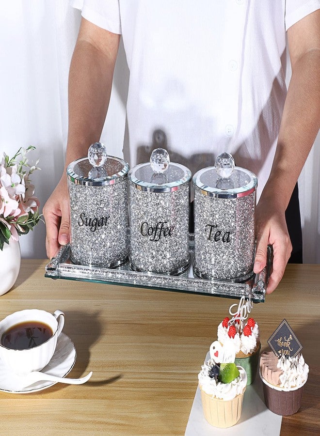 JUXYES Set of 4 Sparky Glass Crushed Diamonds Canisters Set for Sugar Coffee Tea Features Tray, Luxurious Storage Containers Sets with Lids Decorative Storage Pots for Kitchen Counter Dining Room - Image 3