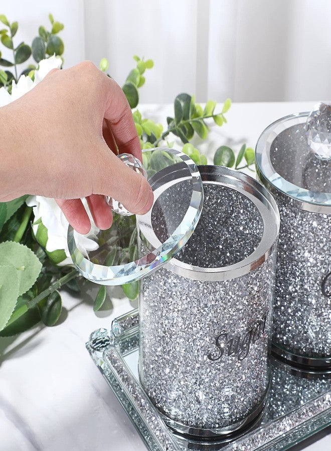 JUXYES Set of 4 Sparky Glass Crushed Diamonds Canisters Set for Sugar Coffee Tea Features Tray, Luxurious Storage Containers Sets with Lids Decorative Storage Pots for Kitchen Counter Dining Room - Image 4