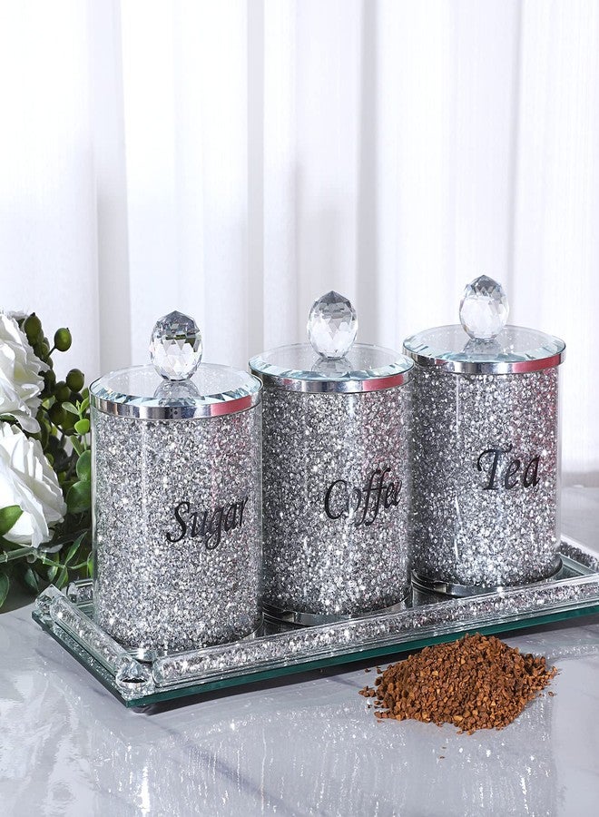 JUXYES Set of 4 Sparky Glass Crushed Diamonds Canisters Set for Sugar Coffee Tea Features Tray, Luxurious Storage Containers Sets with Lids Decorative Storage Pots for Kitchen Counter Dining Room - Image 5