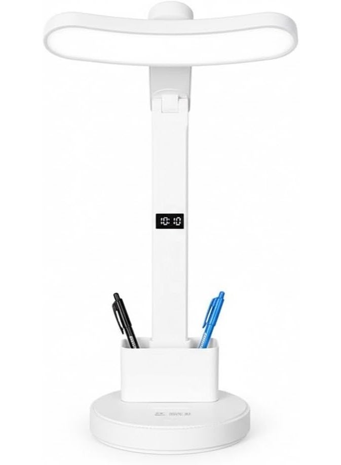 مصباح مكتب LED بقاعدة شحن Type-C | مصباح طاولة تحكم باللمس 3 ألوان | إضاءة حماية العين مع تعتيم | مصباح قراءة بجانب السرير مع حامل جوال وشاشة LCD وساعة رقمية - Image 1