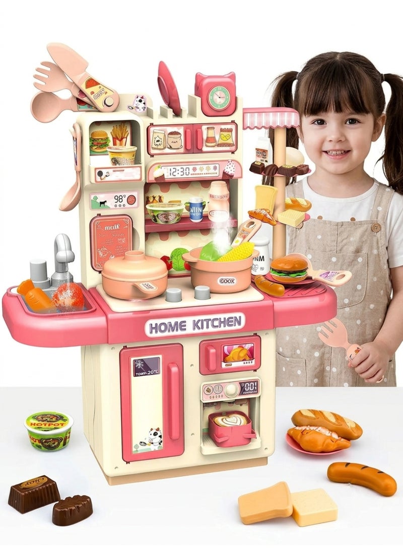 INBEALY Kids Kitchen Set Pretend Play Cooking Toy with 100% Safe Real Steam and Running Water Sink 33 Pieces Pink - Image 1