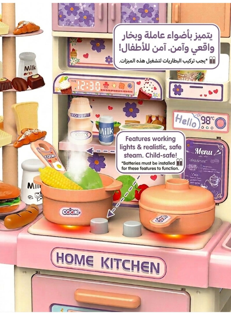 INBEALY Kids Kitchen Set Pretend Play Cooking Toy with 100% Safe Real Steam and Running Water Sink 33 Pieces Pink - Image 3