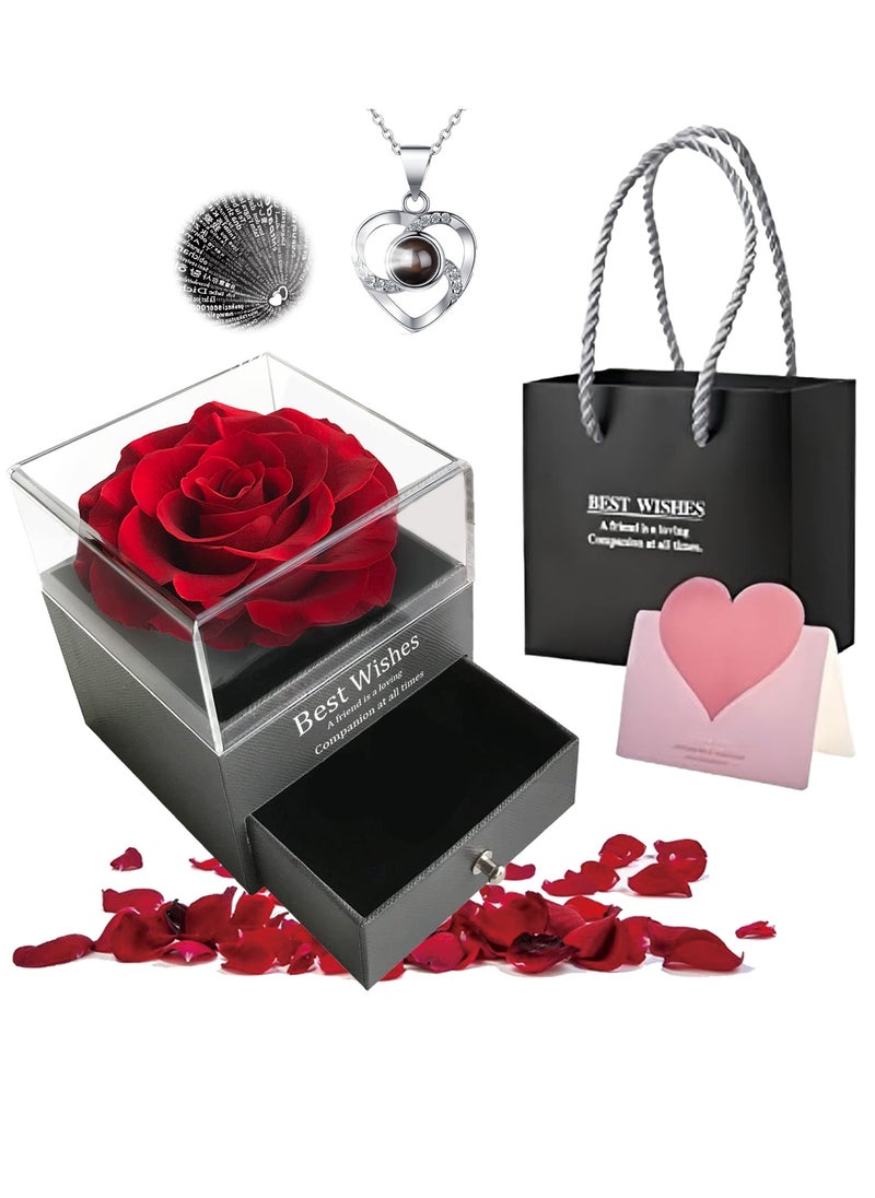 Adando - Adando Eternal Rose with Gift Box Cute Eternal Red Rose Set with I Love You Necklace Handmade Preserved Rose Jewelry Box for Mom/Wife/Girlfriend A Romantic Gift for Her - Image 1