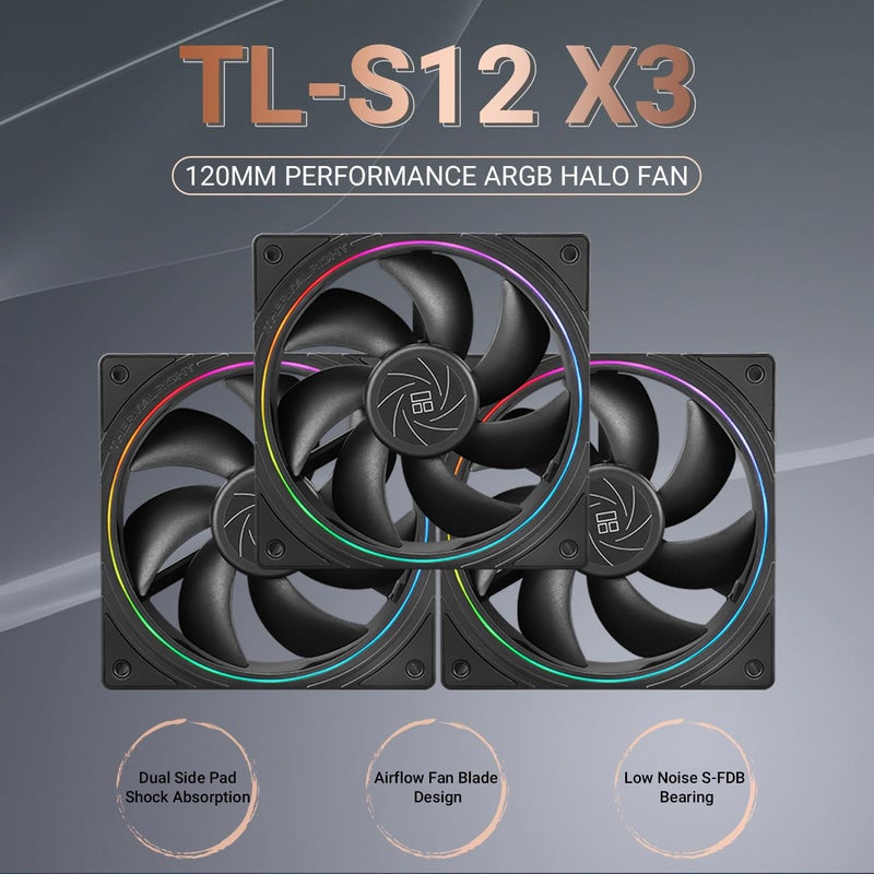 Thermalright TL-S12 CPU Fan Case Cooler PWM Fan, fine Aperture Light Effect,4pin PWM Connector Computer Fan with ARGB Aperture, 1500RPM Speed PC Cooling Fan(120mm, 3 Fans) - Image 2