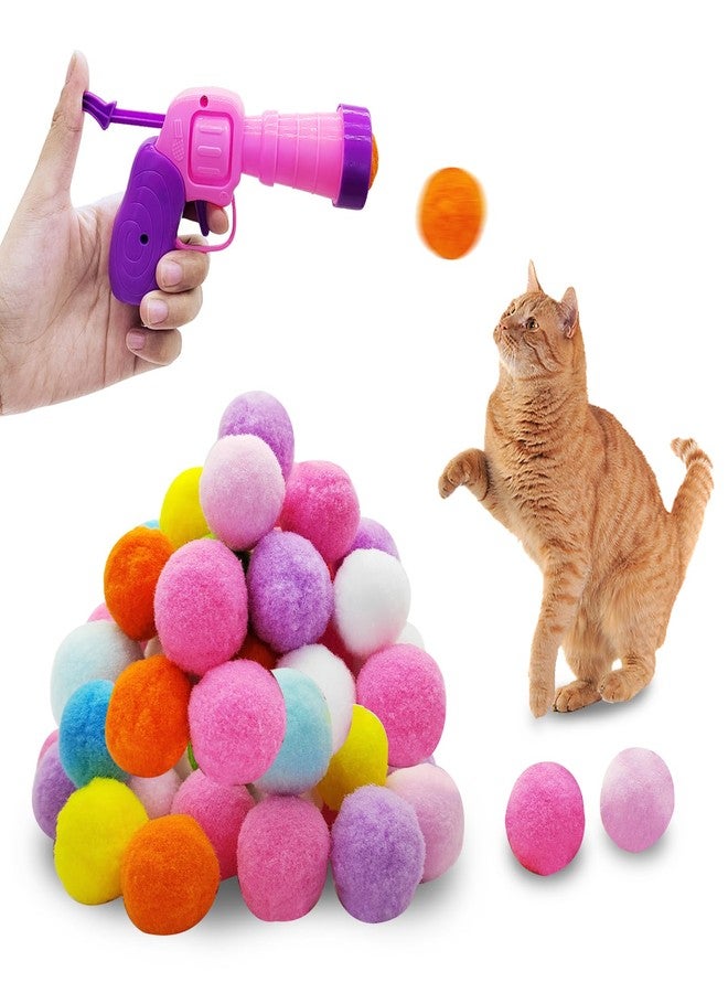 Andiker Cat Toy Balls Set, 30pcs Plush Cat Pom Pom Balls&a Plastic Launcher Set for Kitten Catch&Fetch Interactive Cat Toy with Colorful&Soft Cat Balls for Indoor Cats to Keep Fit (Pink 30pcs) - Image 1
