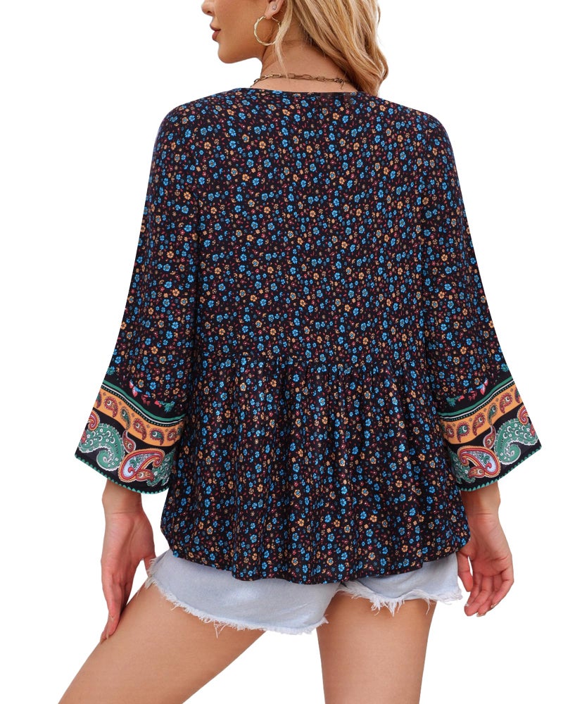 Unixseque Boho Tops for Women: Womens 3/4 Sleeve Summer Fall V Neck Floral - Dressy Casual Tops - Summer Clothes Bohemian Top Tie Front Vacation Clothing Black - Image 5