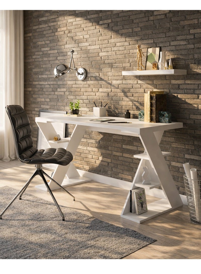 Mourah Home Papillon Modern Working Table With Storage Study Desk With Open Shelves For Office Home 60X75X137 Cm White - Image 1