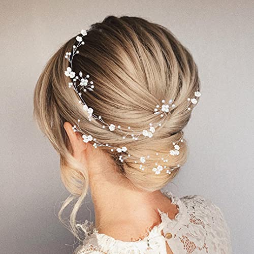 BEAYFILY Bridal Wedding Hair Vine,Extra Long Pearl and Crystal Beads Bride Head Piece,Silver Hair Accessories for Women and Girls (Silver) - Image 1