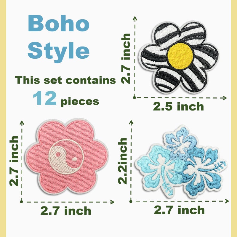 Cazzon Boho Girly Iron On Patches, Cute Embroidery Applique Patch, DIY Decorative Heat Press Patches for Jeans Jackets Clothing Backpacks Hats (Boho6 12 Pcs) - Image 2