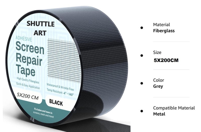 SHUTTLE ART Window Screen Repair Tape, 5X200 CM Strong Adhesive Waterproof Tape Fiberglass Covering mesh, Screenmend Door Mesh Repair Kit for Screen Tears Holes,Black - Image 2