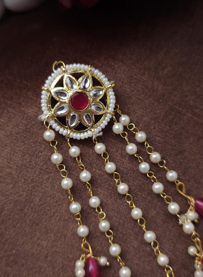 Twinsho Traditional Pearl Drop Clip, Gold-Plated with Beads and Ghungroo Bells, Bridal Hair Accessories, Traditional Kundan Pearl Drop Hair Clip for Women (Red) - Image 5