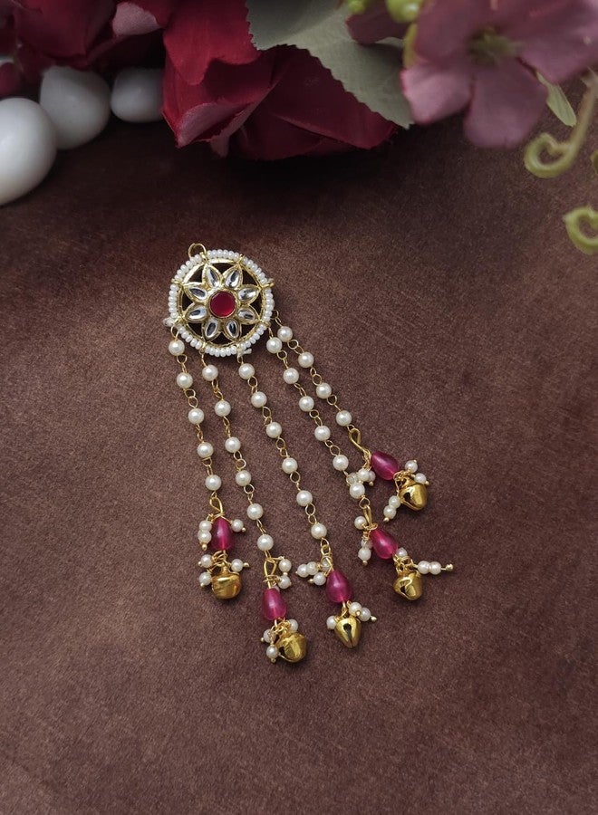 Twinsho Traditional Pearl Drop Clip, Gold-Plated with Beads and Ghungroo Bells, Bridal Hair Accessories, Traditional Kundan Pearl Drop Hair Clip for Women (Red) - Image 1